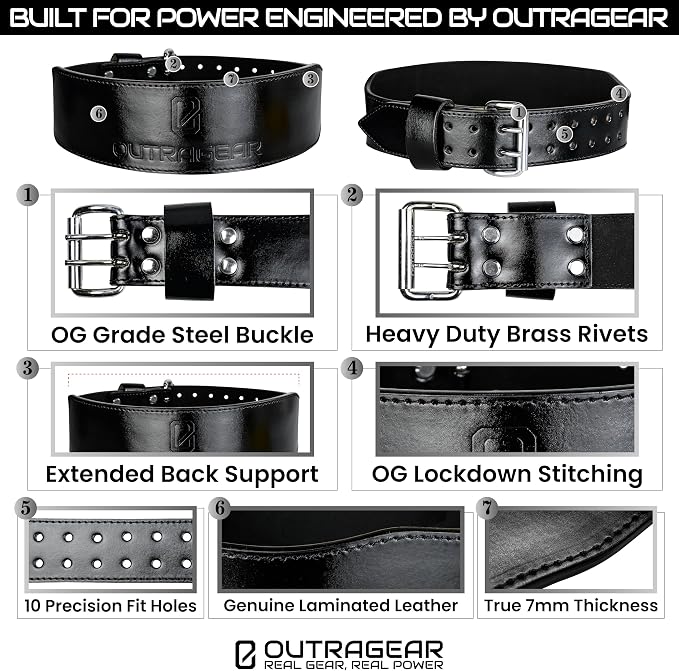 Real Leather Weight Lifting Belt - 7mm Gym Belt for Strength Training - Adjustable Buckle Weight Lifting Belts for Men & Women with Core Back Support
