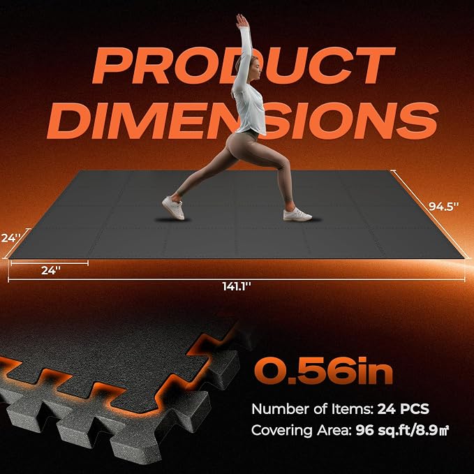 SUPERJARE 0.56'' Thick 24 Pcs 96 Sq Ft Rubber Top Exercise Equipment Mats, High Density EVA Foam Mats with Rubber Top, Interlocking Gym Flooring for Home Gym, Protective Workout Mat, Black