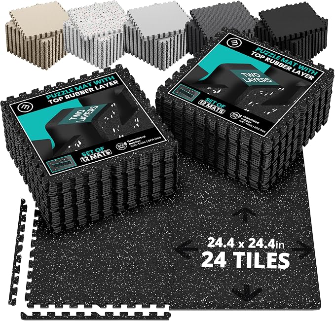 bemaxx Gym Mats Set - 24 pcs EVA Interlocking Foam Floor Tiles (24.4"x24.4"x0.4") 96 sqft Protective Gym Flooring Sports Home Workout Exercise Mats Puzzle Garage Fitness Play-Room Pool Treadmill Bike