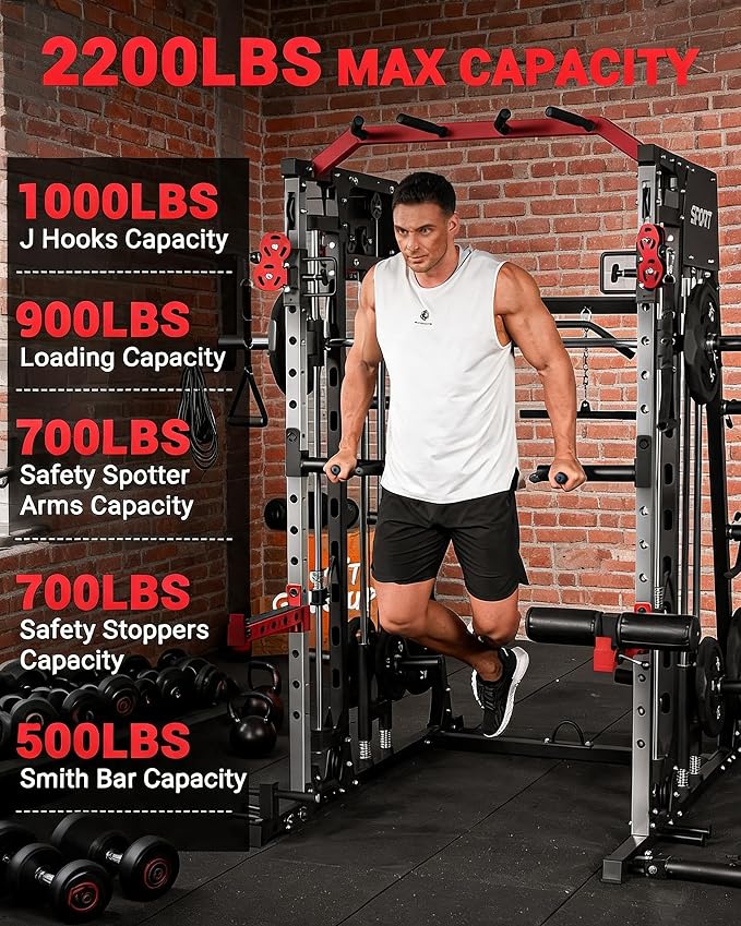 Garvee Smith Machine Home Gym, 2200LBS Power Cage Squat Rack with Smith Bar | With Cable Crossover, LAT Pull-Down & Leg Hold-Down - Multi-Functional Strength Training Equipment for Home, Red