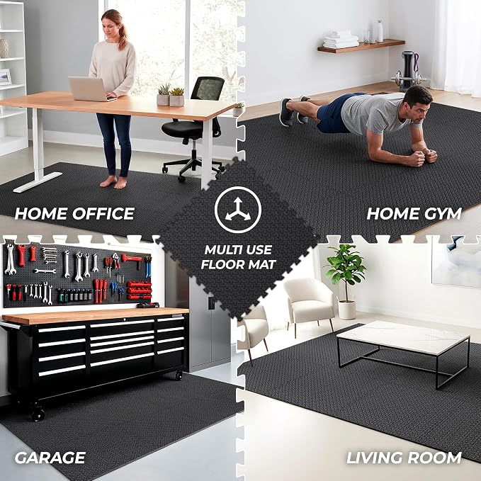 bemaxx Gym Mats Set - 48 pcs EVA Interlocking Foam Floor Tiles (24.4"x24.4"x0.4") 192 sqft Protective Gym Flooring Sports Home Workout Exercise Mats Puzzle Garage Fitness Play-Room Pool Treadmill Bike