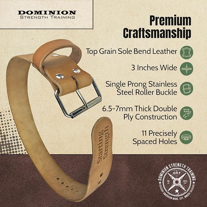Leather Weight Lifting Belt - Hand Crafted In USA – Starting Strength - Powerlifting Support - Single Ply - 3-Inch Wide, 6mm Thick - Stainless Steel Roller Buckle