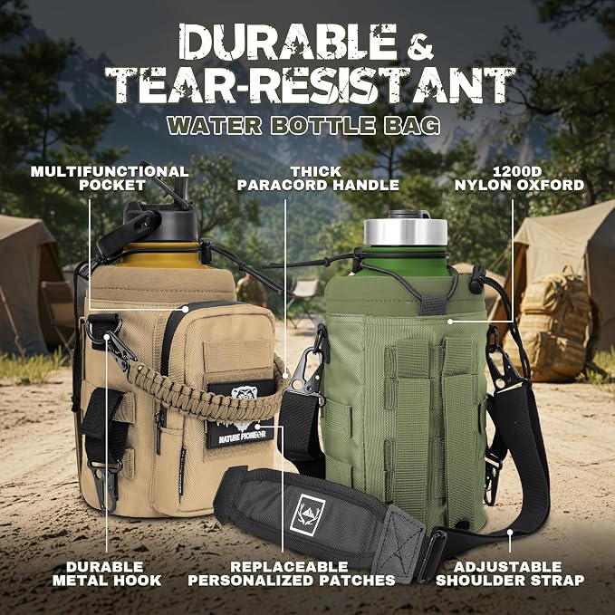 NATURE PIONEOR 64 oz Tactical Water Bottle with MOLLE Bottle Pouch & 3 Lids | 18/8 Food-grade Stainless Steel, Double Vacuum Insulation, 3 Leak-proof Lids, Handle, Strap, Camping, Hiking, Gym, Work