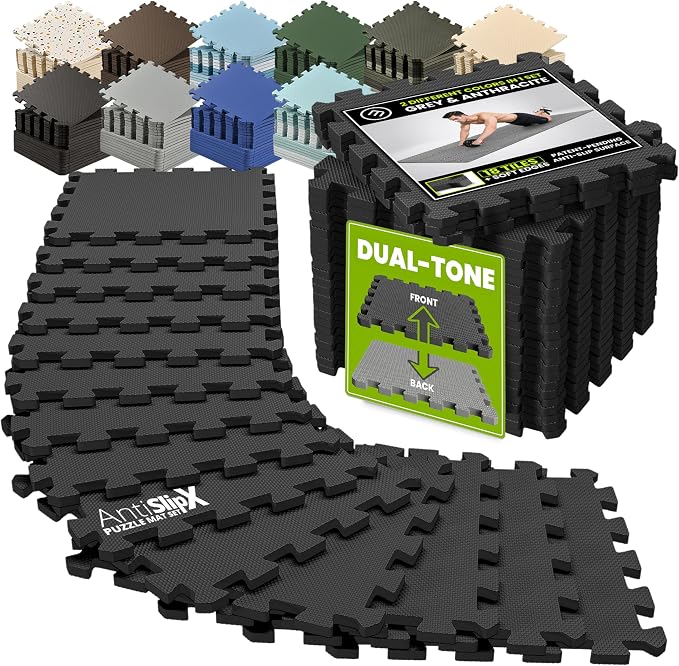 bemaxx Gym Mats Set - 18 pcs EVA Interlocking Foam Floor Tiles (12.6"x12.6"x0.4") 18sqft Protective Gym Flooring Sports Home Workout Exercise Mats Puzzle Garage Fitness Play-Room Pool Treadmill Bike