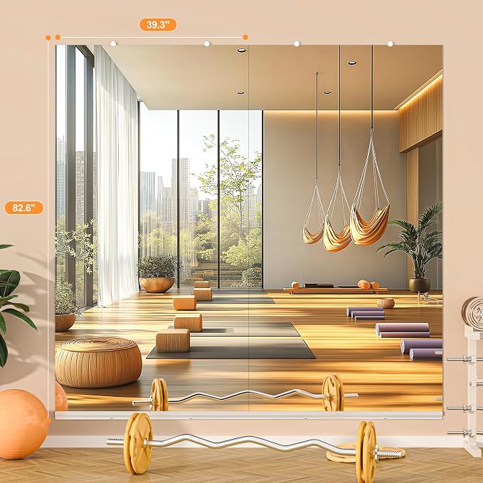 Hasipu Home Gym Mirror, 83"x40" Each, 2-Pack Frameless Wall Mounted Mirrors with Glass Clamps & 1 Aluminum Rail, Large Body Mirror for Home Gym, Yoga Studio, Bedroom, Silver Tempered Glass