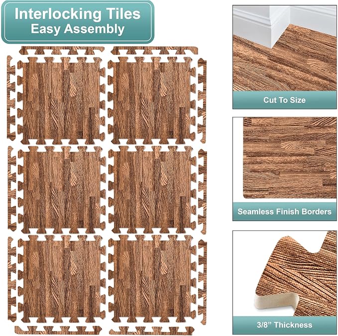 Sorbus Wood Grain Floor Mats Foam Interlocking Mats Each Tile 1 Square Foot 3/8-Inch Thick Flooring Wood Mat Tiles - Home Office Playroom Basement Trade Show (16 Tiles,16 Sq ft, Brown)