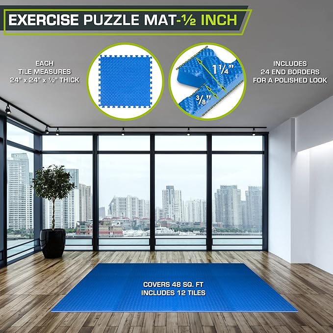 ProsourceFit Exercise Puzzle Mat ½-inch, EVA Interlocking Foam Floor Tiles for Home Gym, Workout Equipment, Kids Play Areas, Blue, 48 SQ FT - 12 Tiles