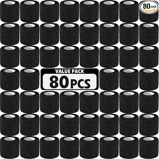 AZEN 80 Pack Self Adhesive Bandage Wrap Black, 2" X 5 Yards Black Athletic Tape, Vet Wrap, Tattoo Grip Tape Wrap，Ankle Tape, Cohesive Bandage Wrap