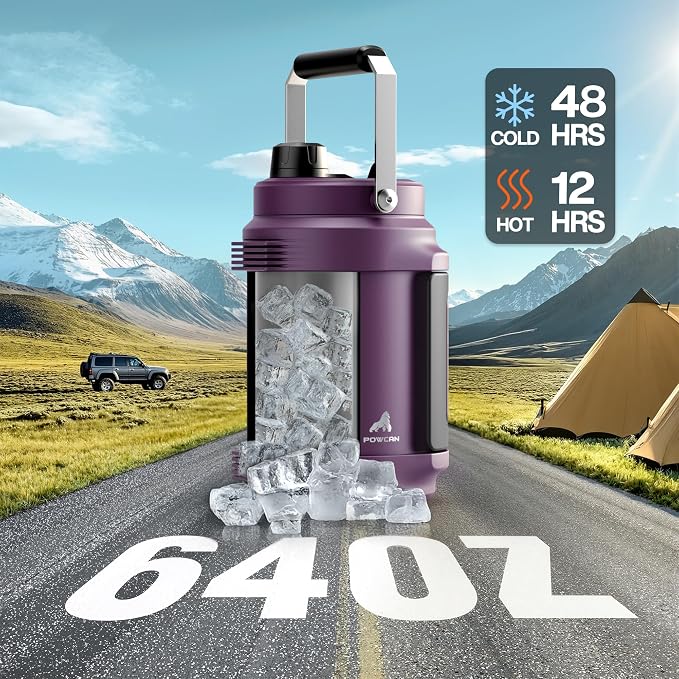POWCAN 64 oz Insulated Water Jug, 2-in-1 Straw Spout Lid, Dual Handle, Leakproof, Keep Cold 48H, Half Gallon Stainless Steel Water Bottle for Daily, Hydration, Picnic, Travel, Gym, Workout (Burgundy)
