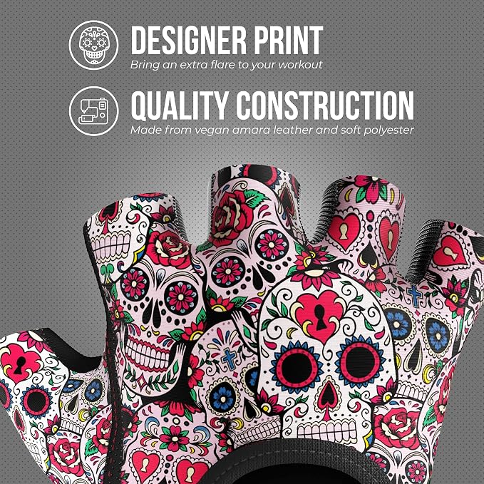 Contraband Pink Label 5237 Womens Designer Workout Gloves | Sugar Skull Print w/Grip-Lock™ Padding (White, Medium)