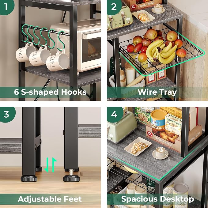 SUPERJARE Bakers Rack with Power Outlet, 47.2 Inches Coffee Bar with Basket | Kitchen Microwave Stand with 3 Level-Adjustable Open Shelves, with 9 S-Shaped Hooks, Grey