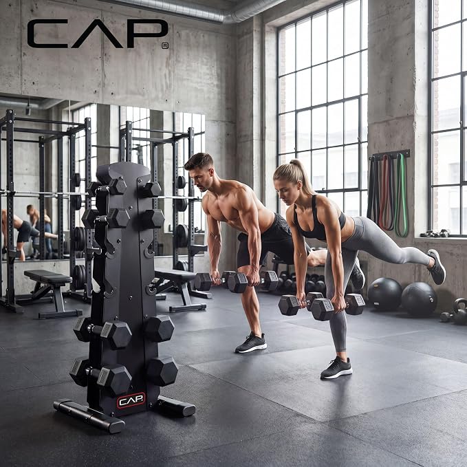 CAP Rubber Coated Hex Dumbbell Set with Storage Rack | 100–210 lb Options, Space-Saving Vertical Compact Storage for Home Gym Strength Training