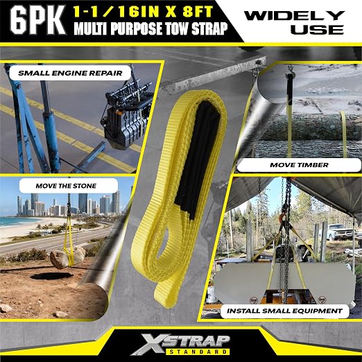 XSTRAP STANDARD 6PK 1"x8' Lift Sling Straps Wear Guard End Heavy Duty Strap | 4,000 lbs Break Strength Lifting Straps with 2 Reinforced Loops for Tree Saver Lifting Furniture Appliances Machine, hoisting