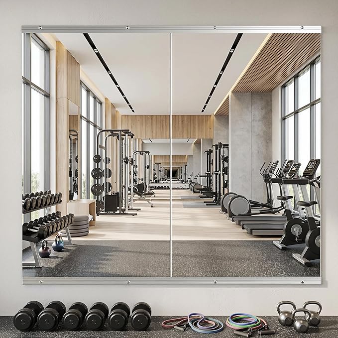Home Gym Mirror, 58" x 30" - 2PCS, Large Full Length Mirror Wall Mounted for Yoga, Frameless Tempered Glass Wall for Home Gym, Dance Studio, Living Room, Bathroom