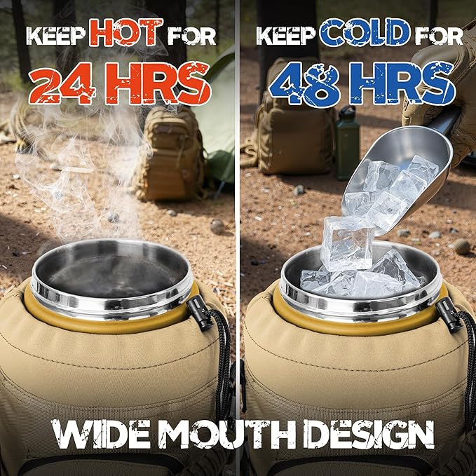 NATURE PIONEOR 128oz/1 Gallon Tactical Water Bottle with MOLLE Bottle Pouch | 18/8 Food-grade Stainless Steel, Double Vacuum Insulation, Wide-Mouth, Straw & Spout Lid, Strap, Camping, Hiking, Gym, Work