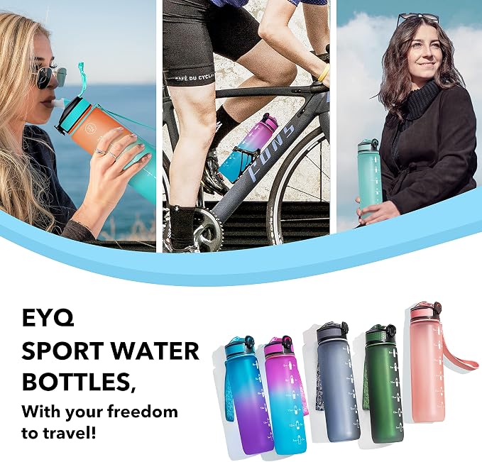 EYQ 32oz Water Bottle with Straw, Time Marker, Blue Purple | Blue Purple Tritan, BPA Free, Time Marker, Leakproof Lock Lid, Wide Mouth, for Gym, School, Office and Travel