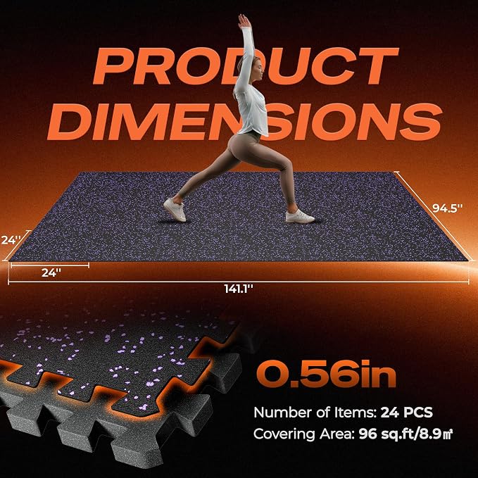 SUPERJARE 0.56'' Thick 24 Pcs 96 Sq Ft Rubber Top Exercise Equipment Mats, High Density EVA Foam Mats with Rubber Top, Interlocking Gym Flooring for Home Gym, Protective Workout Mat, Black/Purple