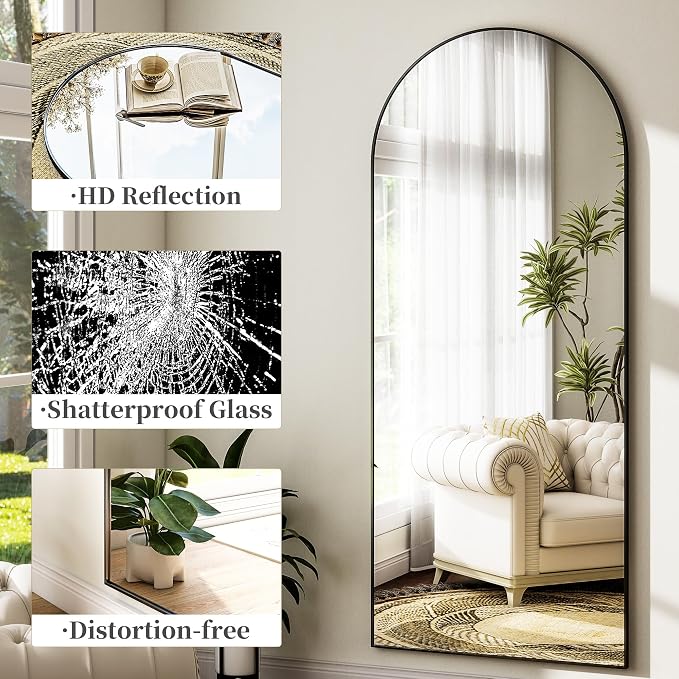 Arched Full Length Mirror 69"x25" Leaning Hanging Decor Black | Standing Body Mirror with Aluminum Frame for Bedroom Cloakroom Living Room Make-up Gift