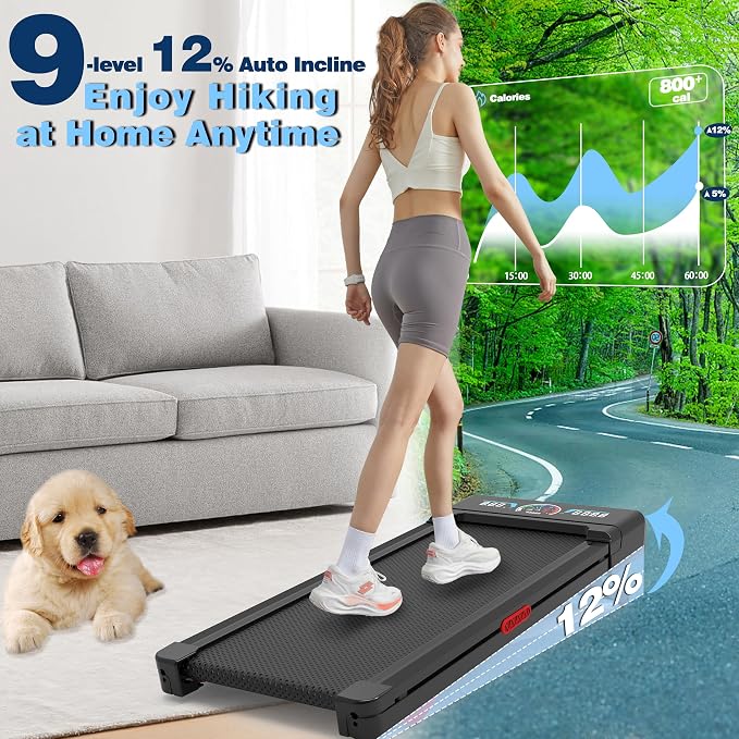 TRAILVIBER Walking Pad Treadmill 12% Auto Incline, Under Desk Treadmill