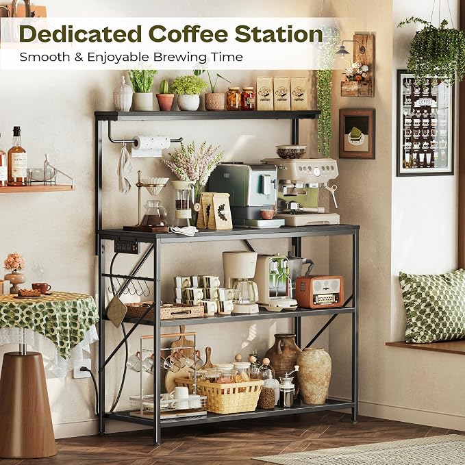 Huuger 4-Tier Bakers Rack with Reversible Power Outlet, 39.4 Inch Microwave Stand, Kitchen Coffee Bar, with Top Shelf, 6 S Hooks, Black