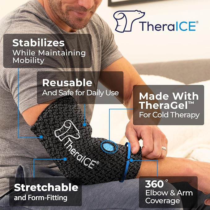 TheraICE Elbow Ice Pack Wrap PRO, Compression Sleeve for Tennis Elbow | FocusZone Extra Cooling, Forearm & Arm Ice Sleeve for Bursitis, Tendonitis Relief