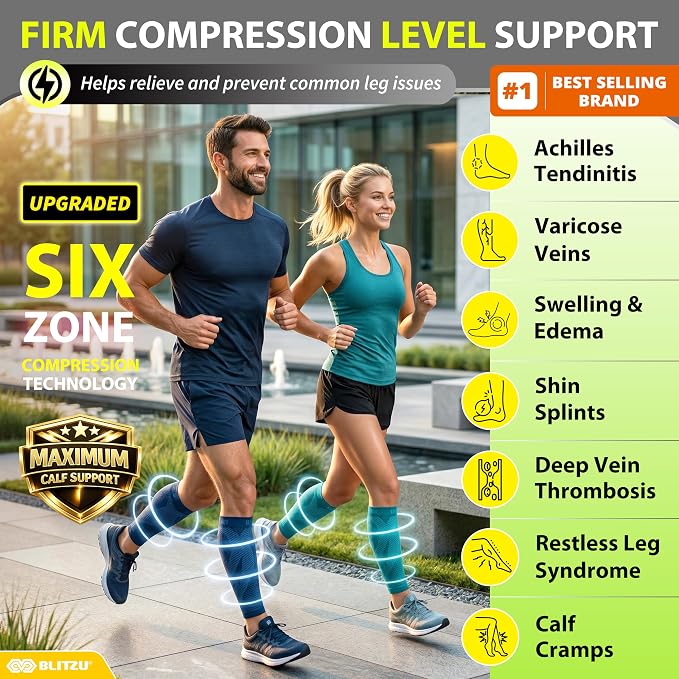 BLITZU Calf Compression Sleeves, Footless Compression Socks for Men & Women | Leg Support Brace, Shin Splint Pain Relief, Reduce Varicose Vein Swelling, Muscle Recovery, Running, Nursing, Fitness, Travel