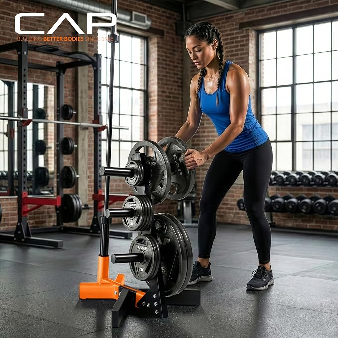 Cap Olympic Plate Tree Storage Rack for Weights & Barbells, Heavy-Duty Steel Weight Plate Organizer for 2-Inch Olympic Plates, Space-Saving Storage Rack, 300lb Capacity, Multiple Colors