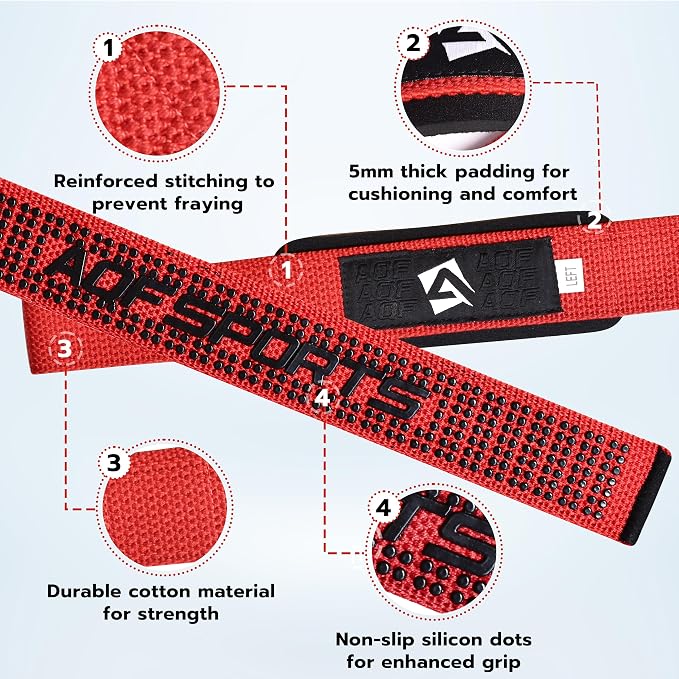 AQF Weight Lifting Straps, Padded Cotton Gym Wrist Straps for Deadlifts | 23" Extra-Long, Heavy-Duty Webbing, 5mm Neoprene Cushioning, Open-Loop Design, Sold as Pair, Ideal for Rows & Pull Workout