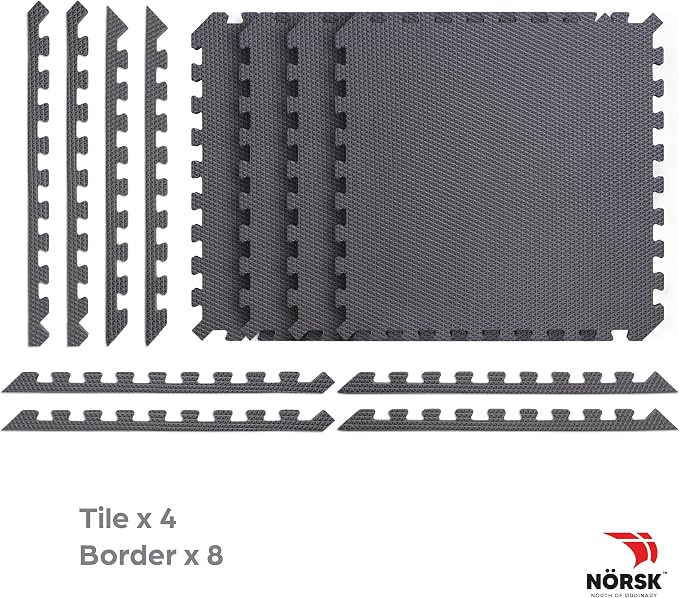 Reversible Gym Exercise Mats 3/4" Thick EVA Interlocking Foam Tiles, Perfect Home Gym Flooring, 32 Tiles & 64 Trim Pieces, 128 Sq. Ft. Reversible, Gray/Black