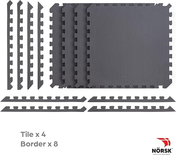 Reversible Gym Exercise Mats 3/4" Thick EVA Interlocking Foam Tiles, Perfect Home Gym Flooring, 28 Tiles & 56 Trim Pieces, 112 Sq. Ft. Reversible, Gray/Black