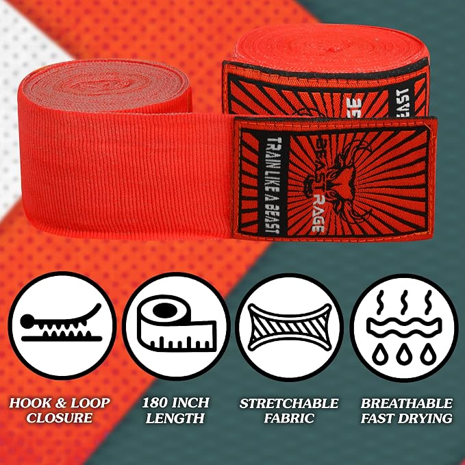 BEAST RAGE Boxing Hand Wraps for MMA Kickboxing Wrist Wraps Professional Adult 180" Semi-Elastic Martial Arts Inner Gloves Heavy Bag Handwraps Muay Thai Thumb Straps