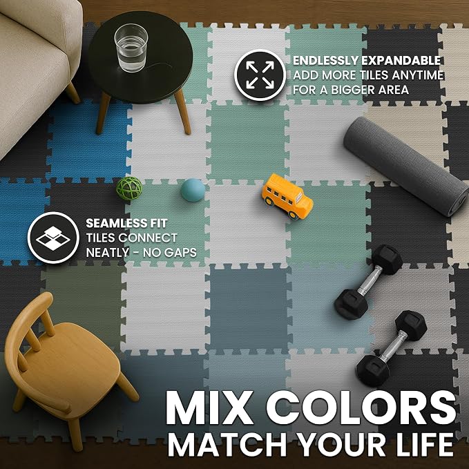 bemaxx Gym Mats Set - 18 pcs EVA Interlocking Foam Floor Tiles (12.6"x12.6"x0.4") 18sqft Protective Gym Flooring Sports Home Workout Exercise Mats Puzzle Garage Fitness Play-Room Pool Treadmill Bike