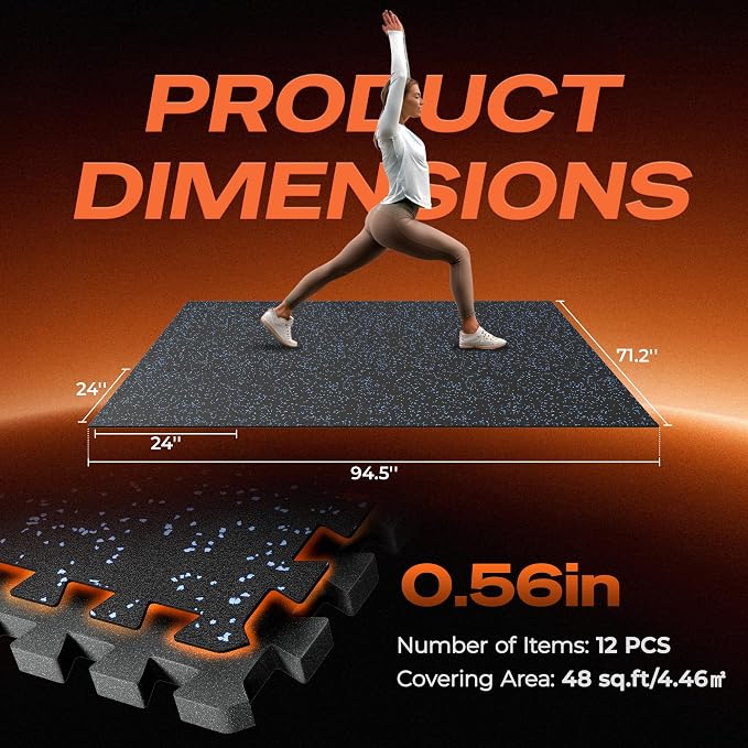 SUPERJARE 0.56'' Thick 12 Pcs 48 Sq Ft Rubber Top Exercise Equipment Mats, High Density EVA Foam Mats with Rubber Top, Interlocking Gym Flooring for Home Gym, Protective Workout Mat, Black/Blue