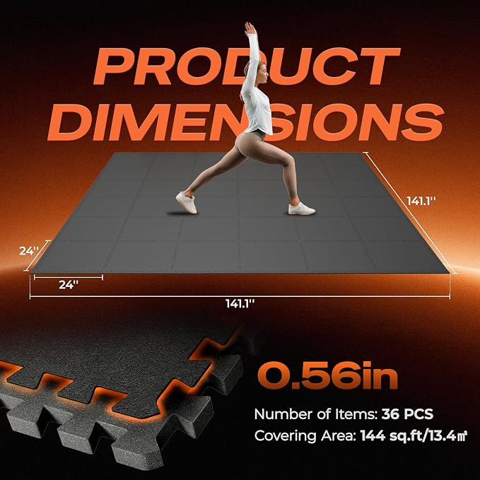 SUPERJARE 0.56'' Thick 36 Pcs 144 Sq Ft Rubber Top Exercise Equipment Mats, High Density EVA Foam Mats with Rubber Top, Interlocking Gym Flooring for Home Gym, Protective Workout Mat, Black