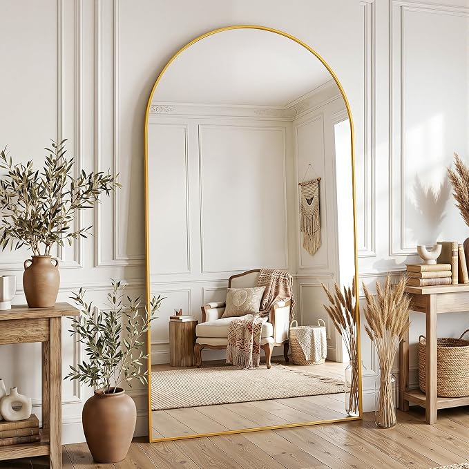 Full Length Mirror, 82"x44" Arched Floor Mirror Freestanding, Floor Standing Full Body Mirror with Stand for Bedroom, Hanging Mounted for Living Room Cloakroom, Gold