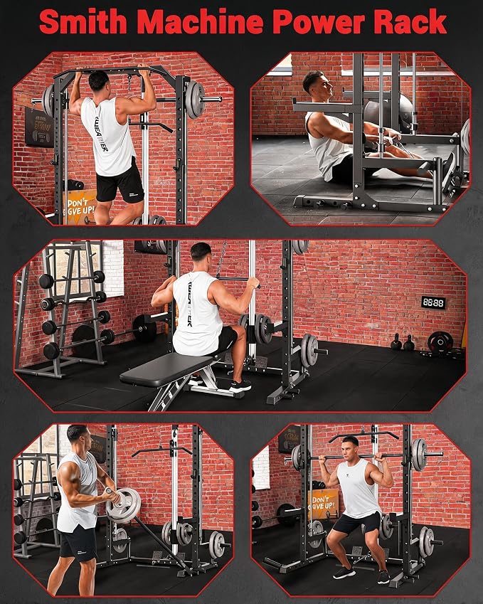 Garvee Smith Machine Home Gym - Multi-Functional Squat Power Rack with Barbell Bar, Cable System, LAT Pulldown, Safety Spotter Arms, J Hooks, Landmine - Strength Training Equipment for Home | With Barbell Bar, Cable System, LAT Pulldown, Safety Spotter...