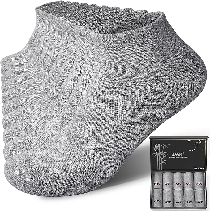 LWK Men's Bamboo Viscose Ankle Socks 10-Pack, Thick Cushioned, Seamless Toe, Moisture Wicking, Arch Support, Gift Box