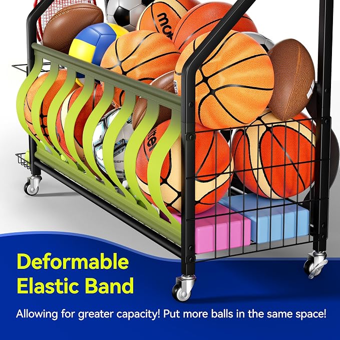Sports Equipment Organizer, Large Capacity Garage Ball Storage Rack | Heavy-Duty Rolling Ball Cart with Locking Wheels for Basketball, Soccer & Sports Gear