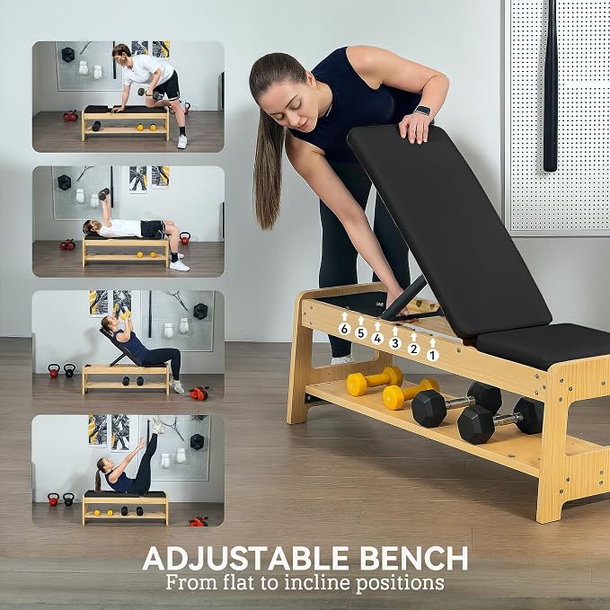 Soozier Adjustable Weight Bench with Dumbbell Rack Wooden Gym | Flat or Incline Design, Home Gym Weight Lifting Training