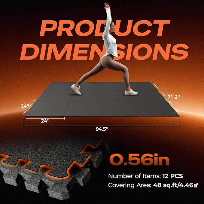 SUPERJARE 0.56'' Thick 12 Pcs 48 Sq Ft Rubber Top Exercise Equipment Mats, High Density EVA Foam Mats with Rubber Top, Interlocking Gym Flooring for Home Gym, Protective Workout Mat, Black