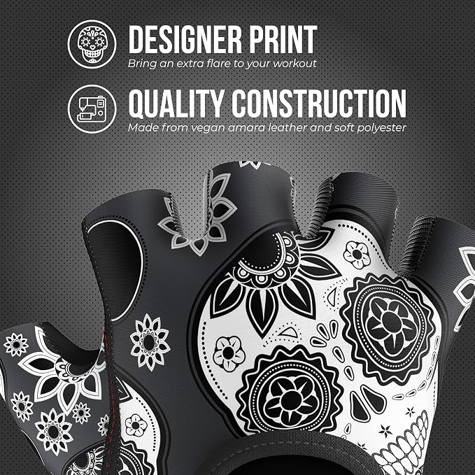 Contraband Pink Label 5237 Womens Designer Workout Gloves | Sugar Skull Print w/Grip-Lock™ Padding (Gray, Large)