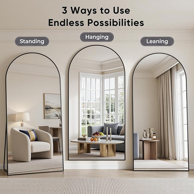 Full Length Mirror, 82"x44" Arched Floor Mirror Freestanding, Floor Standing Full Body Mirror with Stand for Bedroom, Hanging Mounted for Living Room Cloakroom, Black