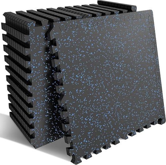 PRAISUN 0.6" Thicker Rubber Top Gym Flooring for Home Gym, 12 Pcs 48 Sq Ft Workout Mats, Exercise Mat, Interlocking Rubber Floor Mats with High Density EVA Foam for Garage, 24 x 24in, Black/Blue