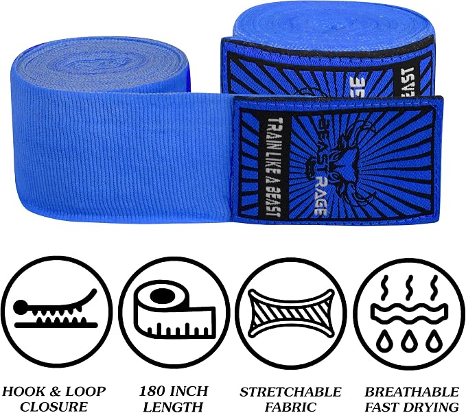 BEAST RAGE Boxing Hand Wraps for MMA Kickboxing Wrist Wraps Professional Adult 180" Semi-Elastic Martial Arts Inner Gloves Heavy Bag Handwraps Muay Thai Thumb Straps