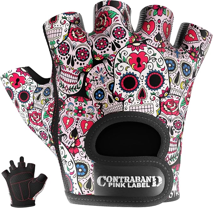 Contraband Pink Label 5237 Womens Designer Workout Gloves | Sugar Skull Print w/Grip-Lock™ Padding (White, Medium)