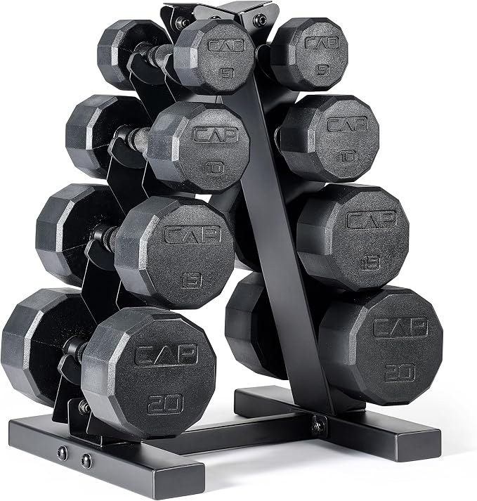 CAP Rubber Coated Hex Dumbbell Set with Storage Rack | 100–210 lb Options, Space-Saving Vertical Compact Storage for Home Gym Strength Training