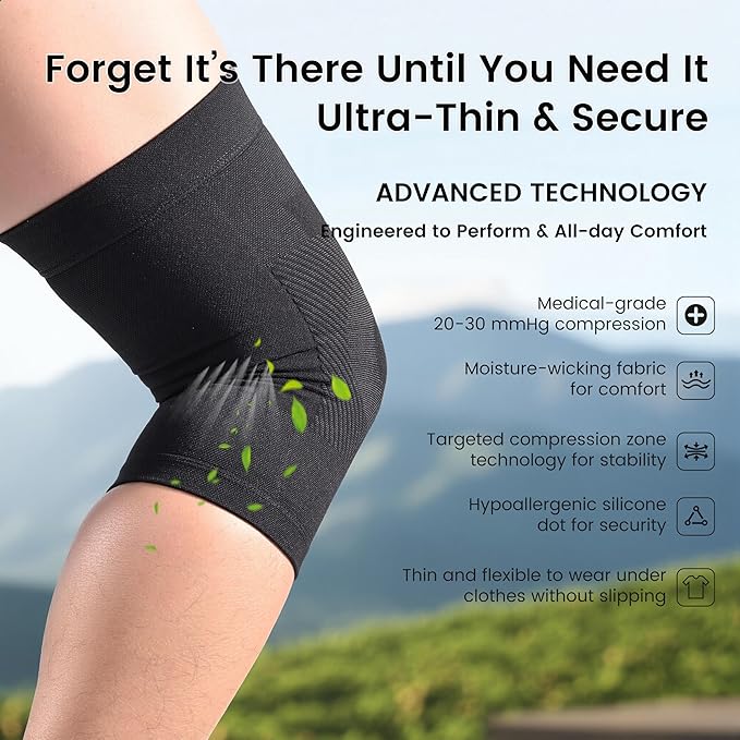 Knee Compression Sleeves, 1 Pair, Can Be Worn Under Pants, 20-30mmHg Strong Support Knee Brace for Unisex, Knee Support for Meniscus Tear, Arthritis, Pain Relief, Injury Recovery, Sports, Daily Wear