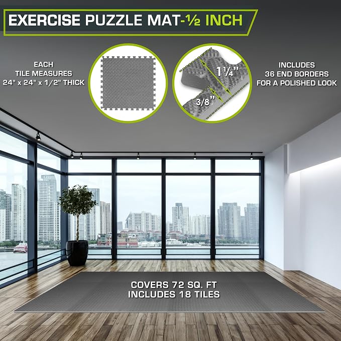ProsourceFit Exercise Puzzle Mat 1/2-inch, EVA Interlocking Foam Floor Tiles for Home Gym, Workout Equipment, Kids Play Areas, Gray, 72 SQ FT - 18 Tiles