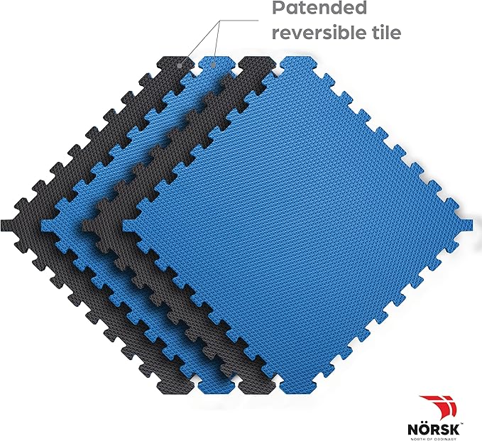 Reversible Gym Exercise Mats 3/4" Thick EVA Interlocking Foam Tiles, Perfect Home Gym Flooring, 36 Tiles & 72 Trim Pieces, 144 Sq. Ft. Reversible, Dazzling Blue/Black