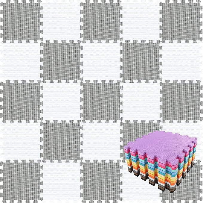qqpp EVA Rubber 18 Tiles Interlocking Puzzle Foam Floor Mats - Baby Play Mat for Playing | Exercise Mat for Home Workout. White, Gray. QC-ALb18N